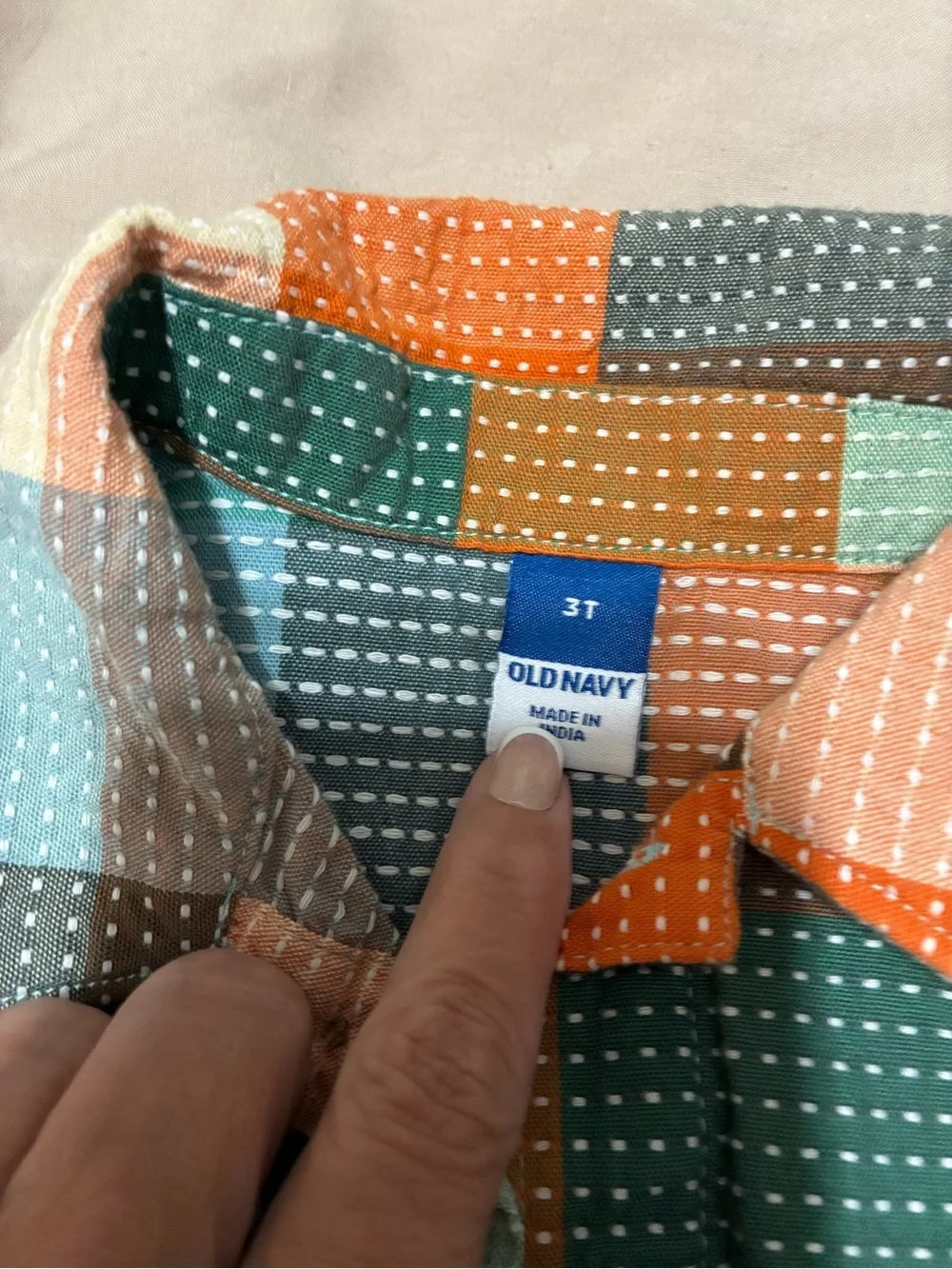 Old Navy Multicolor Patchwork Short-Sleeve Button-Down - Green Blue Orange Cream
